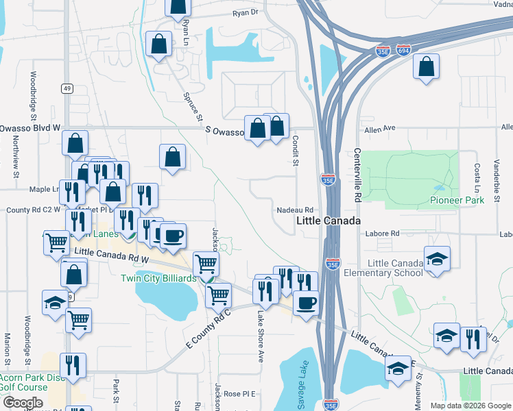 map of restaurants, bars, coffee shops, grocery stores, and more near 138 Concetta Way in Little Canada