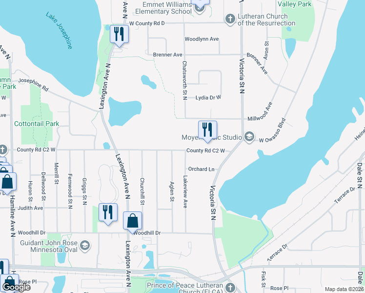 map of restaurants, bars, coffee shops, grocery stores, and more near 981 County Road C2 West in Roseville