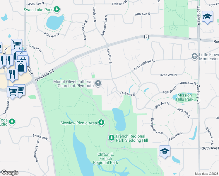 map of restaurants, bars, coffee shops, grocery stores, and more near 12105 41st Avenue North in Minneapolis