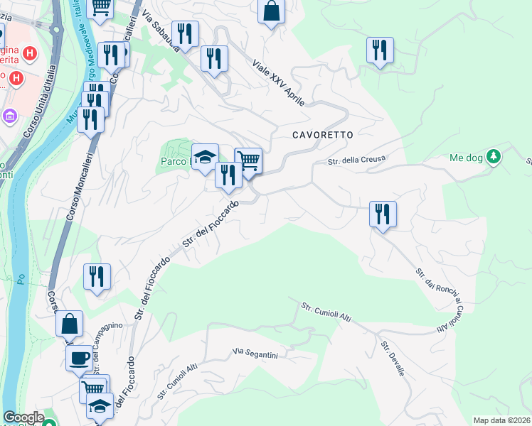 map of restaurants, bars, coffee shops, grocery stores, and more near Strada Cesere Meano in Turin