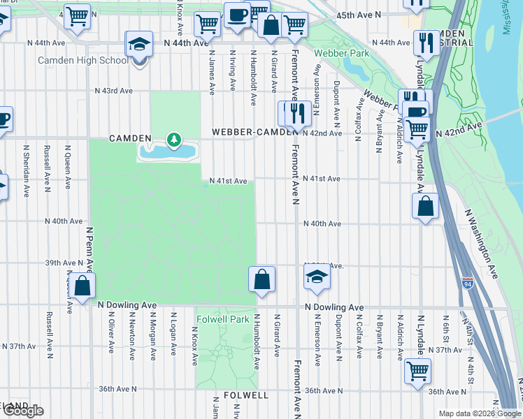 map of restaurants, bars, coffee shops, grocery stores, and more near 4026 North Humboldt Avenue in Minneapolis