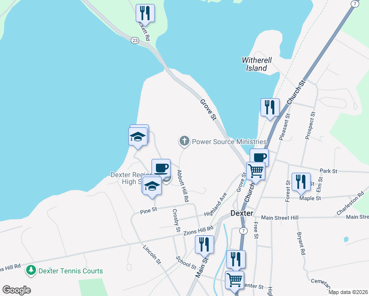 map of restaurants, bars, coffee shops, grocery stores, and more near 62 Abbott Hill Road in Dexter