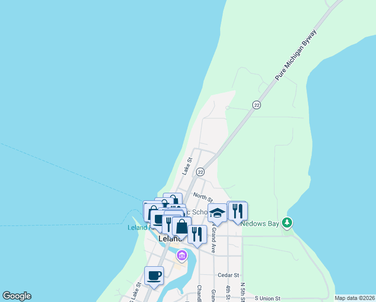 map of restaurants, bars, coffee shops, grocery stores, and more near 633-659 Lake St in Leelanau