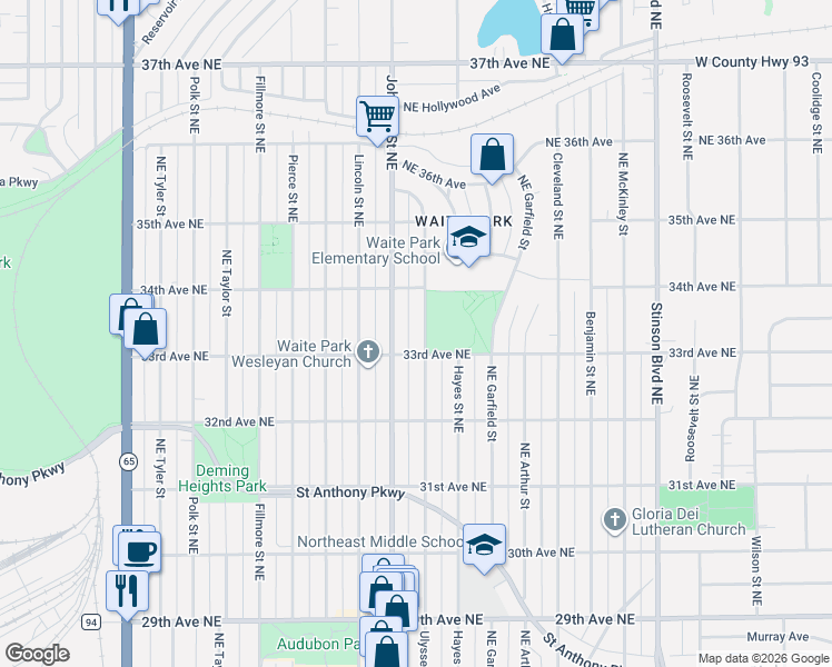 map of restaurants, bars, coffee shops, grocery stores, and more near 3301 Ulysses Street Northeast in Minneapolis