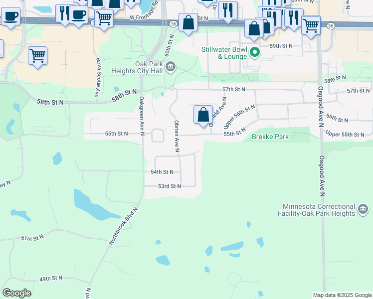 map of restaurants, bars, coffee shops, grocery stores, and more near 14230 Upper 54th Street North in Stillwater