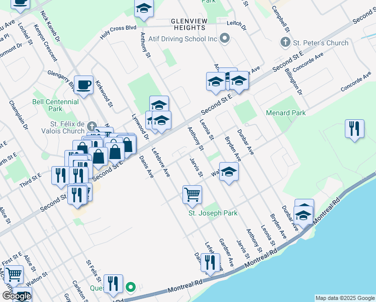 map of restaurants, bars, coffee shops, grocery stores, and more near 226 First Street East in Cornwall
