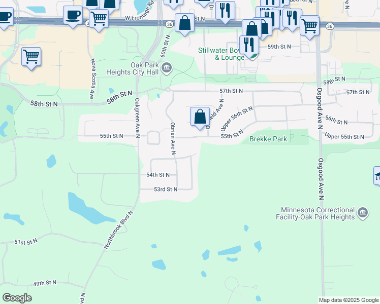 map of restaurants, bars, coffee shops, grocery stores, and more near 14230 Upper 54th Street North in Stillwater