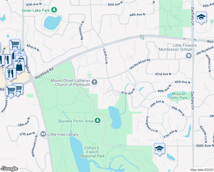 map of restaurants, bars, coffee shops, grocery stores, and more near 12105 41st Avenue North in Plymouth