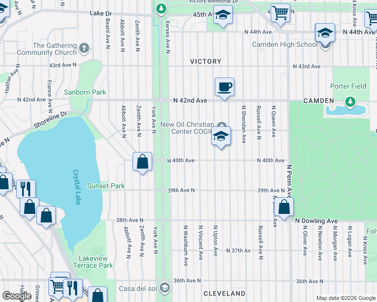 map of restaurants, bars, coffee shops, grocery stores, and more near 4019 North Vincent Avenue in Minneapolis