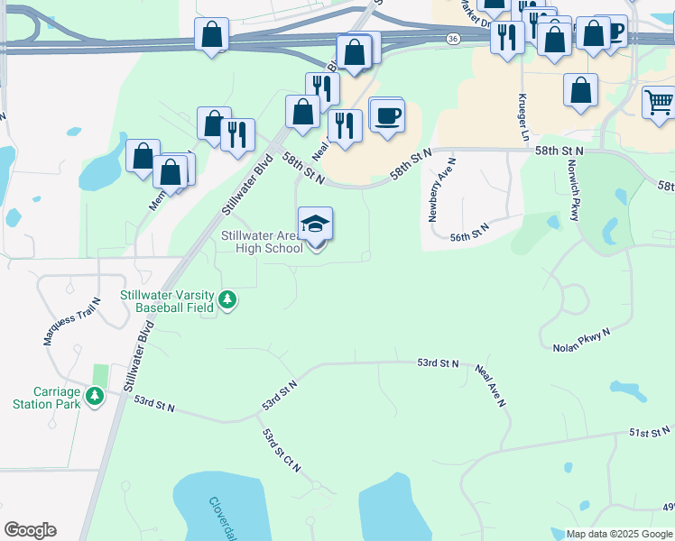 map of restaurants, bars, coffee shops, grocery stores, and more near 5701 Stillwater Boulevard in Stillwater