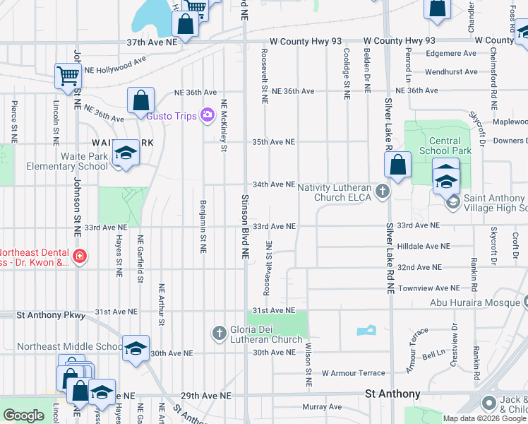 map of restaurants, bars, coffee shops, grocery stores, and more near 3325 Northeast Stinson Boulevard in Minneapolis