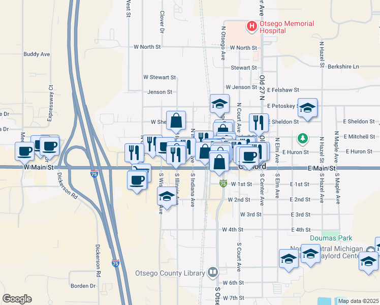 map of restaurants, bars, coffee shops, grocery stores, and more near 127 North Indiana Avenue in Gaylord