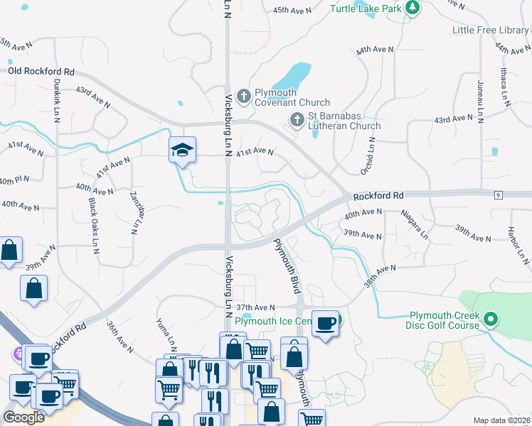 map of restaurants, bars, coffee shops, grocery stores, and more near 15720 County Road 9 in Plymouth
