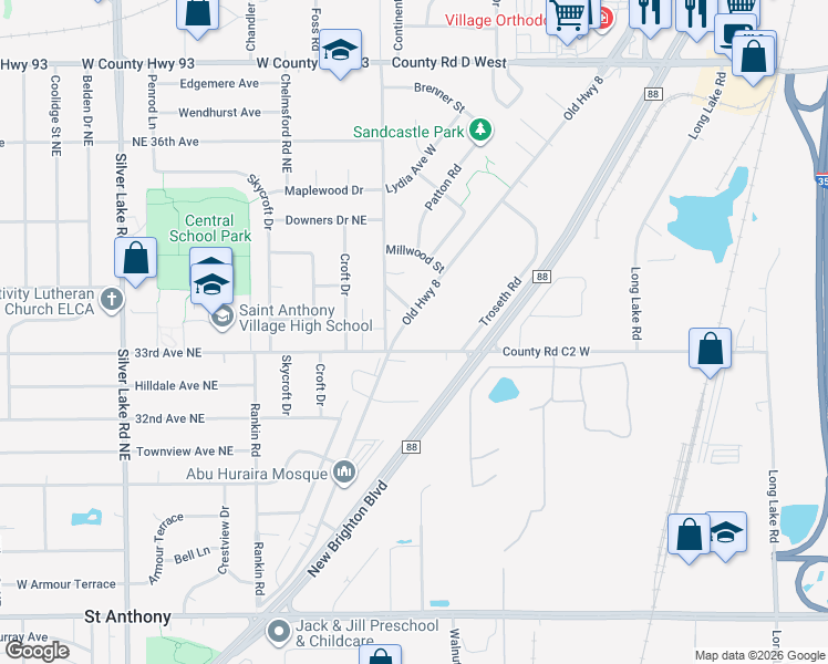 map of restaurants, bars, coffee shops, grocery stores, and more near 2906 Old Highway 8 in Roseville