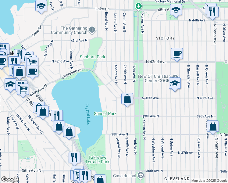 map of restaurants, bars, coffee shops, grocery stores, and more near 4035 Beard Avenue North in Minneapolis