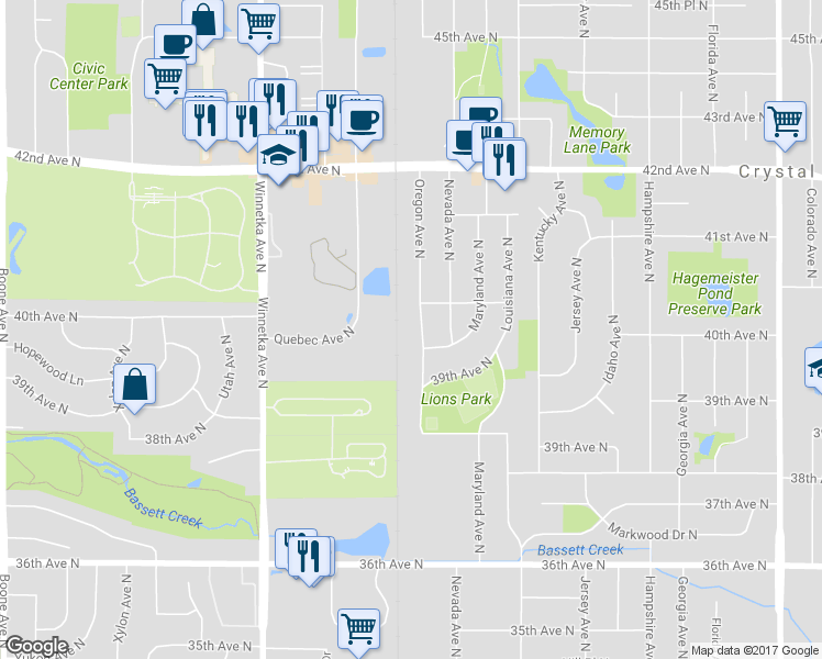 map of restaurants, bars, coffee shops, grocery stores, and more near 3951 Oregon Avenue North in Minneapolis