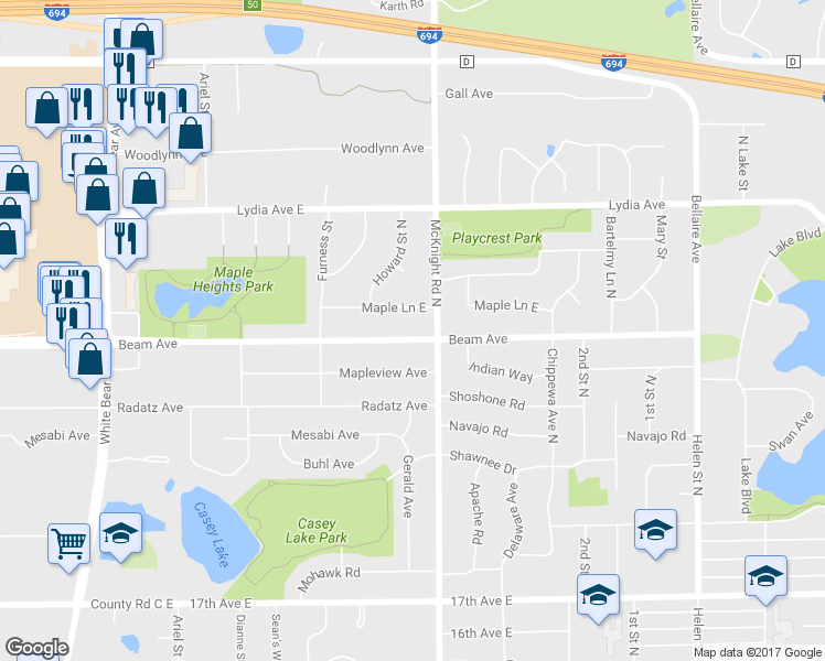 map of restaurants, bars, coffee shops, grocery stores, and more near 2239 Beam Avenue in Saint Paul