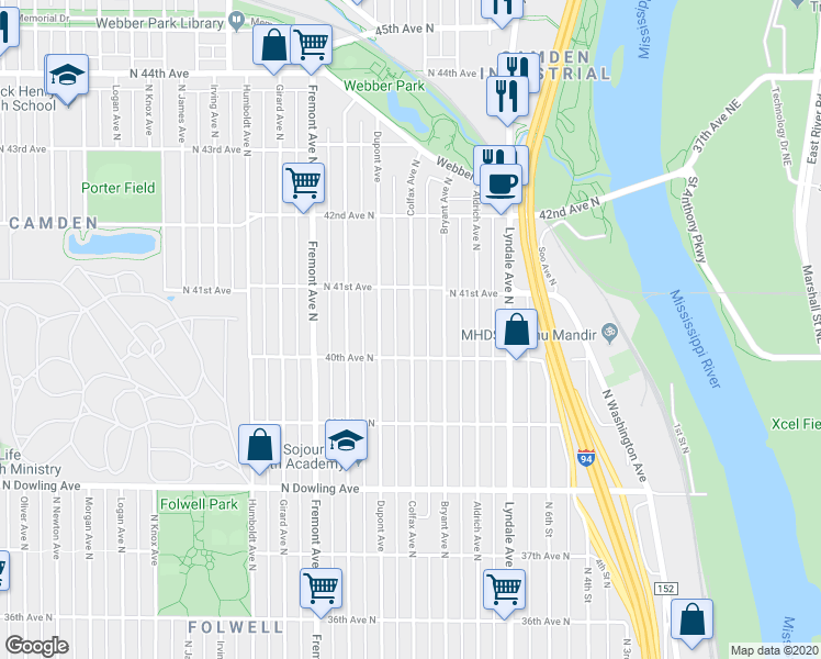 map of restaurants, bars, coffee shops, grocery stores, and more near 4023 North Colfax Avenue in Minneapolis