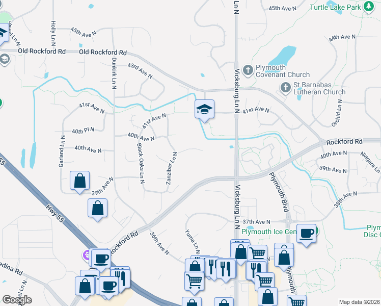 map of restaurants, bars, coffee shops, grocery stores, and more near 16205 39th Place North in Minneapolis