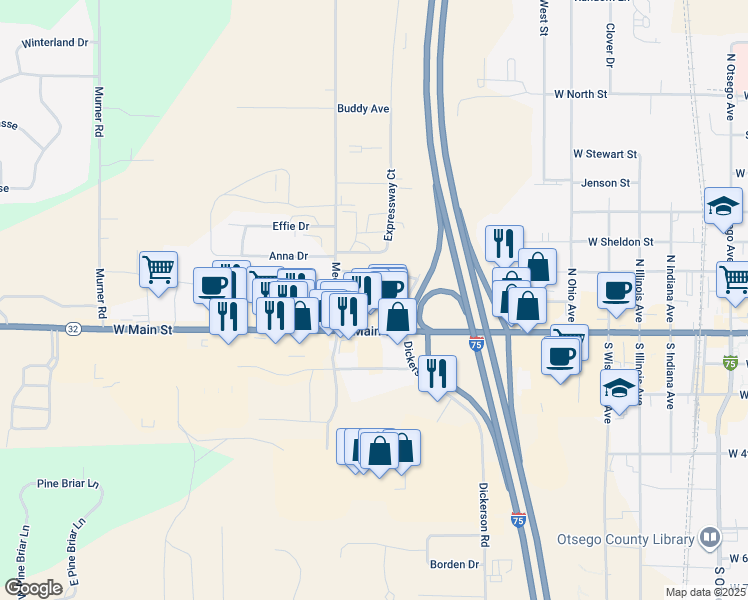map of restaurants, bars, coffee shops, grocery stores, and more near 1062 Michigan 32 in Gaylord