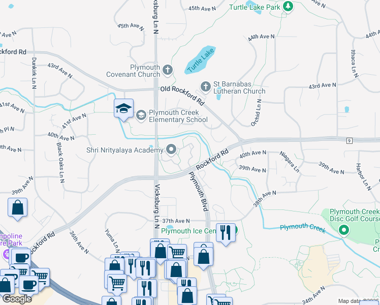 map of restaurants, bars, coffee shops, grocery stores, and more near 15720 County Road 9 in Plymouth