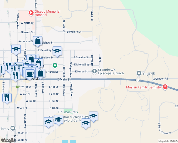 map of restaurants, bars, coffee shops, grocery stores, and more near 581 East Huron Street in Gaylord