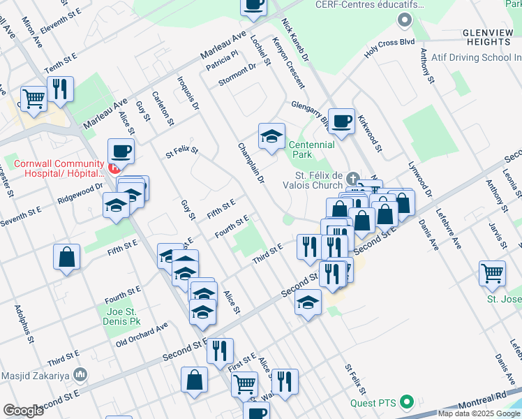 map of restaurants, bars, coffee shops, grocery stores, and more near 648 Saint Felix Street in Cornwall