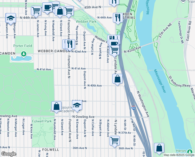 map of restaurants, bars, coffee shops, grocery stores, and more near 4023 North Bryant Avenue in Minneapolis