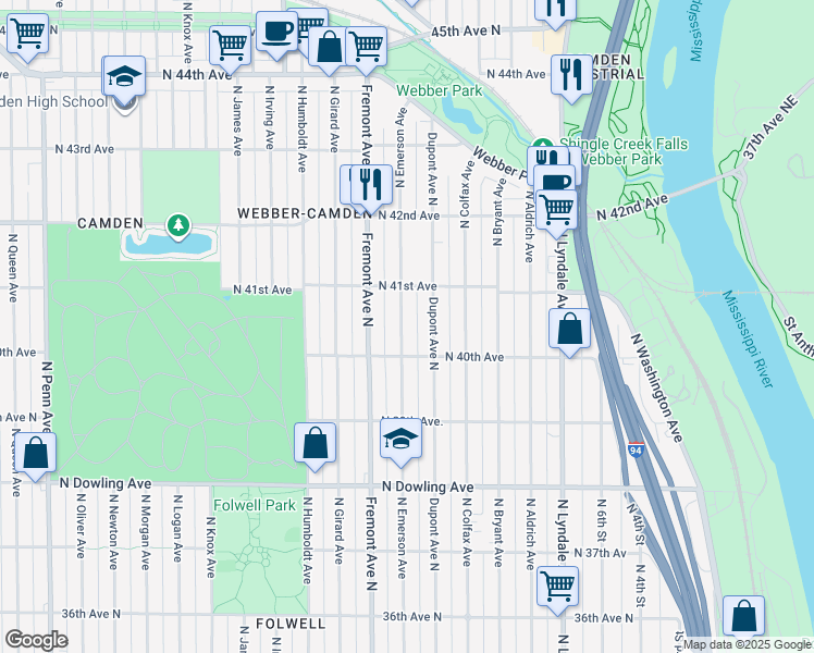 map of restaurants, bars, coffee shops, grocery stores, and more near 4024 North Emerson Avenue in Minneapolis
