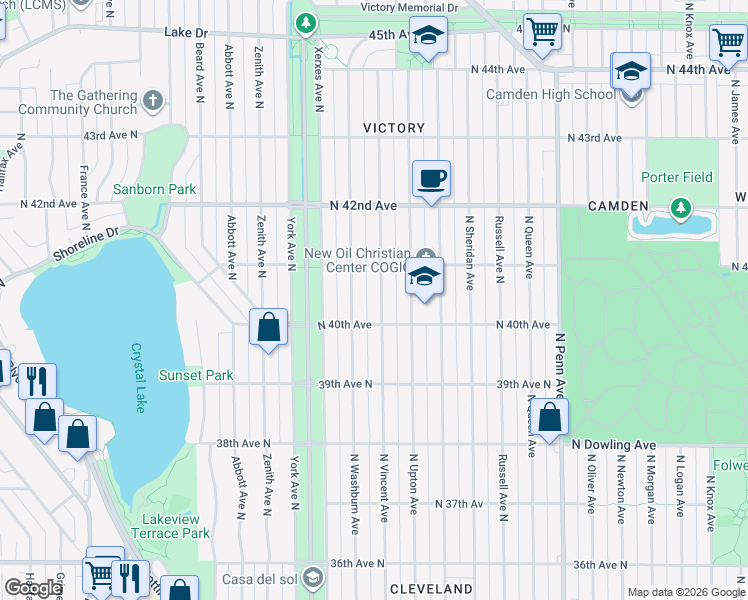map of restaurants, bars, coffee shops, grocery stores, and more near 4019 North Vincent Avenue in Minneapolis