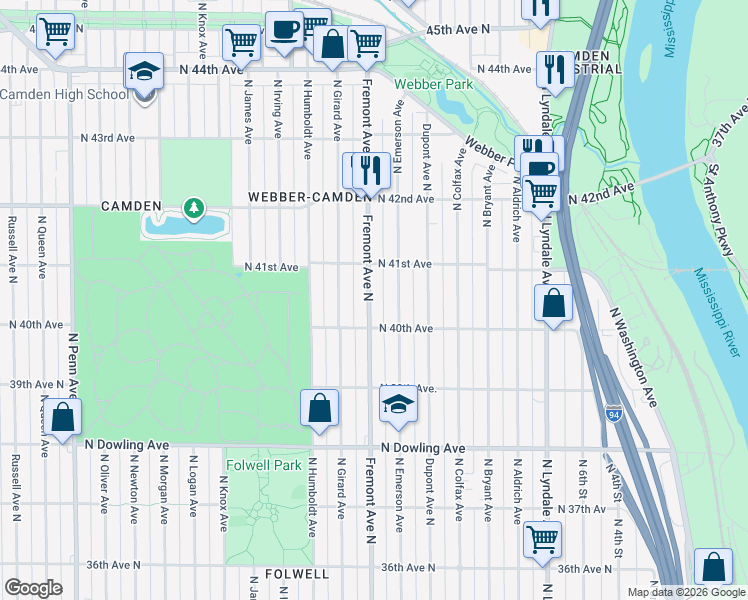 map of restaurants, bars, coffee shops, grocery stores, and more near 4022 North Fremont Avenue in Minneapolis