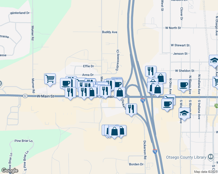 map of restaurants, bars, coffee shops, grocery stores, and more near 1062 Michigan 32 in Gaylord