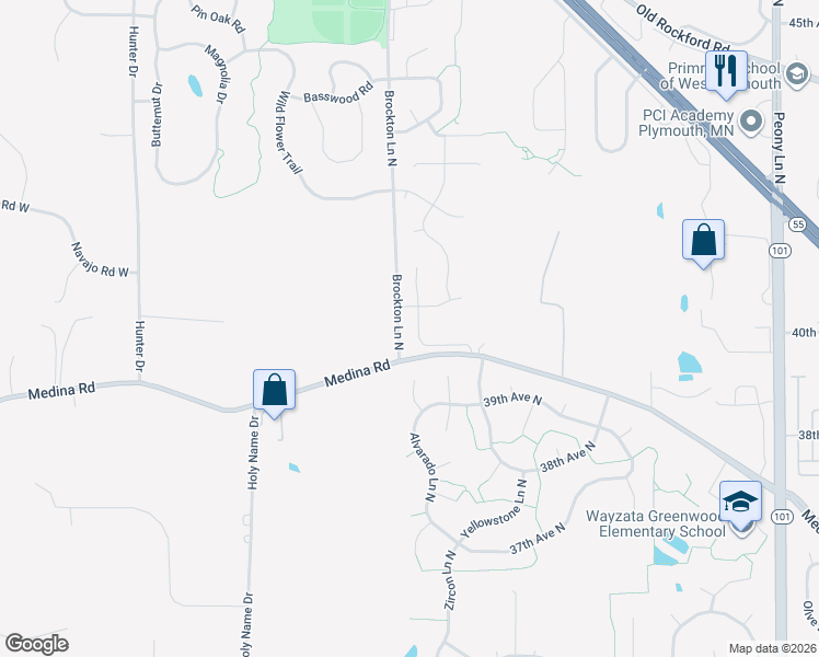 map of restaurants, bars, coffee shops, grocery stores, and more near 3975 Alvarado Lane North in Plymouth