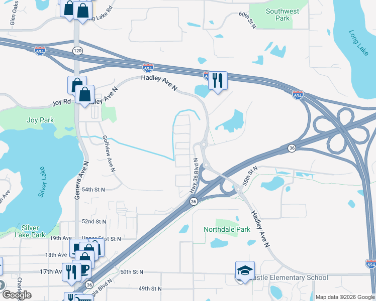 map of restaurants, bars, coffee shops, grocery stores, and more near 6489 Upper 55th Street North in Oakdale
