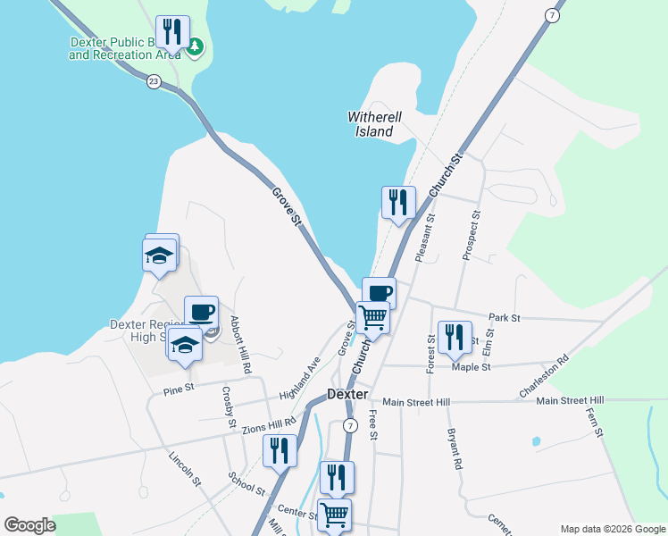 map of restaurants, bars, coffee shops, grocery stores, and more near 77a Grove Street in Dexter