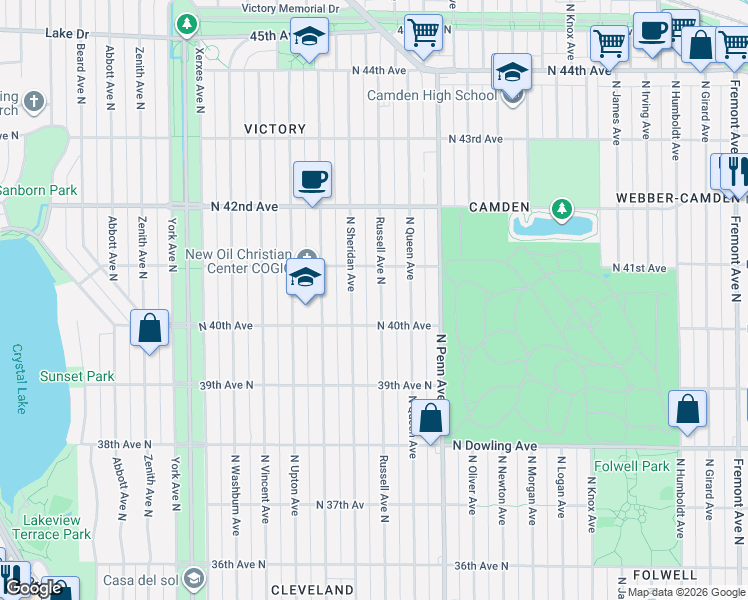 map of restaurants, bars, coffee shops, grocery stores, and more near 4026 North Sheridan Avenue in Minneapolis
