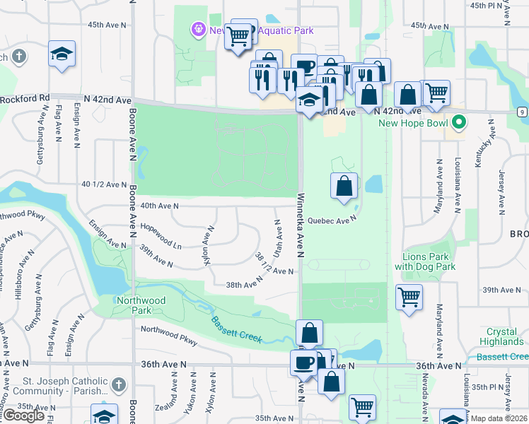 map of restaurants, bars, coffee shops, grocery stores, and more near 8009 40th Avenue North in Minneapolis