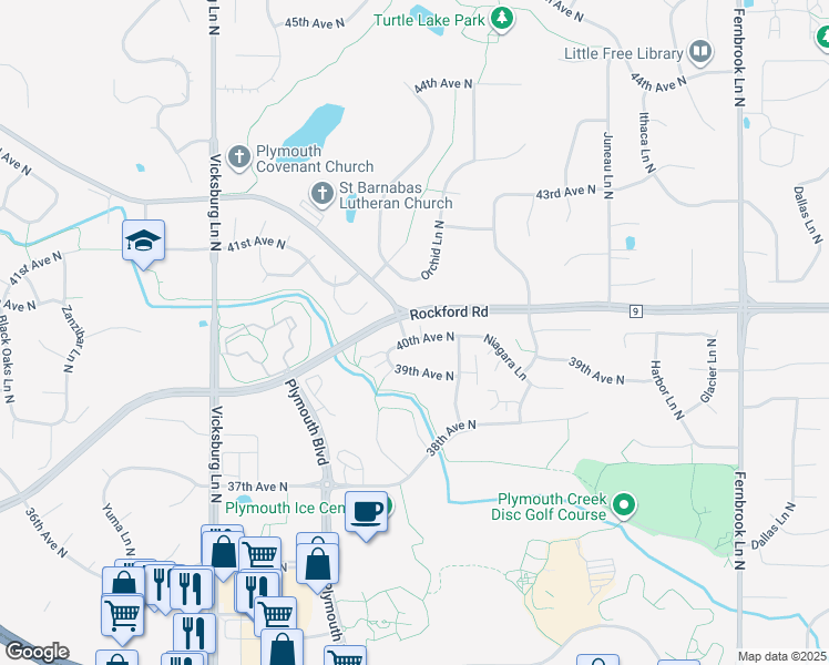 map of restaurants, bars, coffee shops, grocery stores, and more near 15300 40th Avenue North in Minneapolis