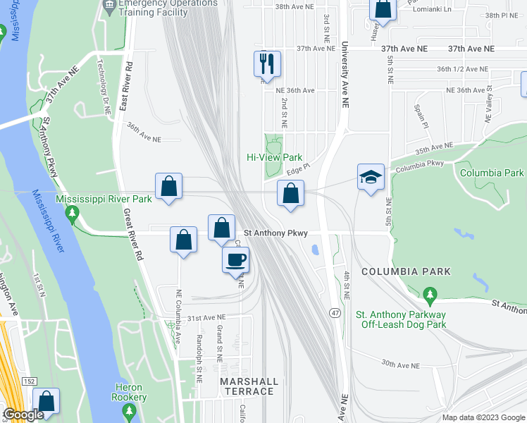 map of restaurants, bars, coffee shops, grocery stores, and more near 4255 Main Street in Minneapolis