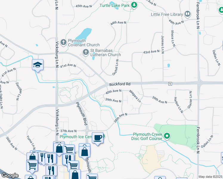 map of restaurants, bars, coffee shops, grocery stores, and more near 15300 40th Avenue North in Minneapolis