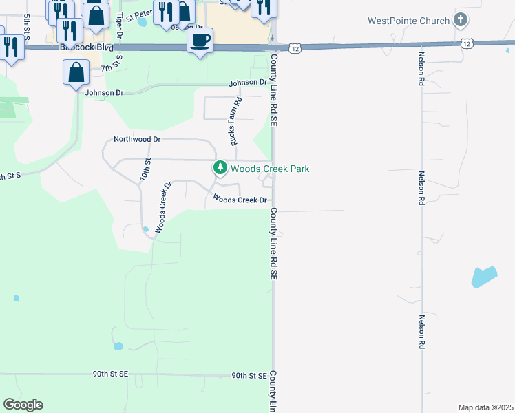 map of restaurants, bars, coffee shops, grocery stores, and more near 1437 Woods Creek Drive in Delano
