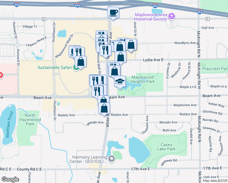 map of restaurants, bars, coffee shops, grocery stores, and more near 2001 Beam Avenue in Maplewood