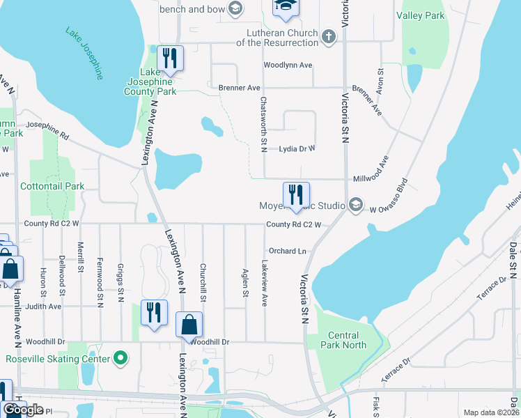 map of restaurants, bars, coffee shops, grocery stores, and more near 981 County Road C2 West in Roseville