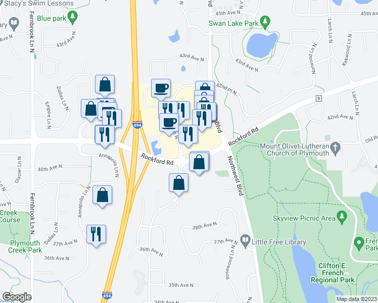 map of restaurants, bars, coffee shops, grocery stores, and more near 4000 Vinewood Lane North in Plymouth