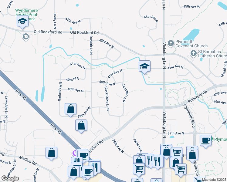 map of restaurants, bars, coffee shops, grocery stores, and more near 16430 39th Place North in Minneapolis