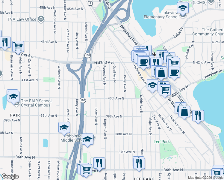 map of restaurants, bars, coffee shops, grocery stores, and more near 4023 Quail Avenue North in Minneapolis