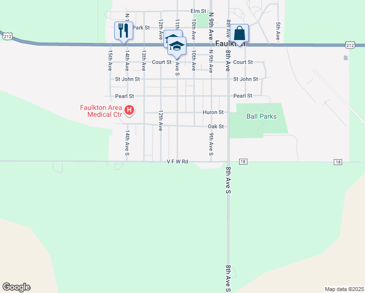 map of restaurants, bars, coffee shops, grocery stores, and more near 710 11th Avenue South in Faulkton