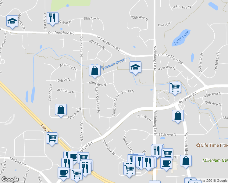 map of restaurants, bars, coffee shops, grocery stores, and more near 3965 Zanzibar Lane North in Plymouth