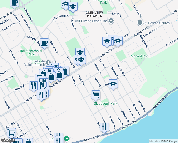 map of restaurants, bars, coffee shops, grocery stores, and more near 1450 First Street East in Cornwall