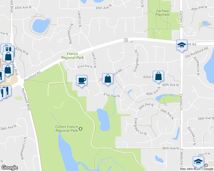 map of restaurants, bars, coffee shops, grocery stores, and more near 4115 Ives Lane North in Plymouth